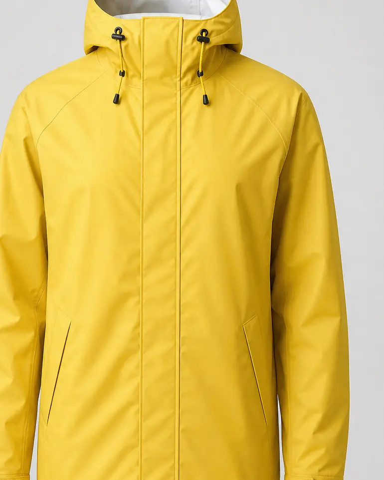 Chubasquero Cierzo en amarillo azufre, mismo modelo que el azul tinta, fotografiado sin modelo sobre fondo gris