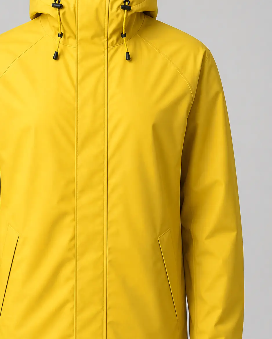 Chubasquero Cierzo con capucha ajustable en color amarillo azufre, fotografiada sin modelo sobre fondo gris
