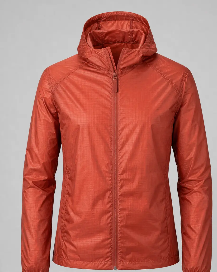 Cortavientos plegable Ebro en rojo teja, mismo modelo que el negro, fotografiado sin modelo sobre fondo gris