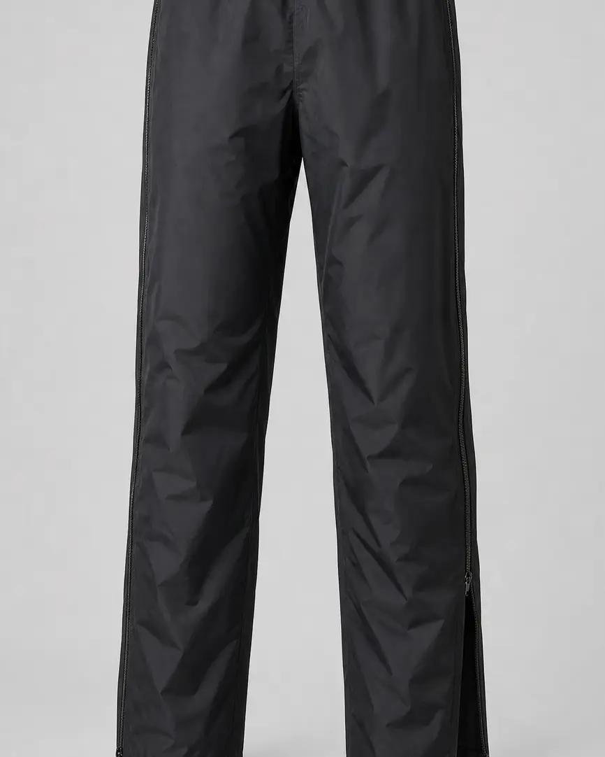 Cubrepantalón impermeable con cremallera lateral en color negro, fotografiada sin modelo sobre fondo gris