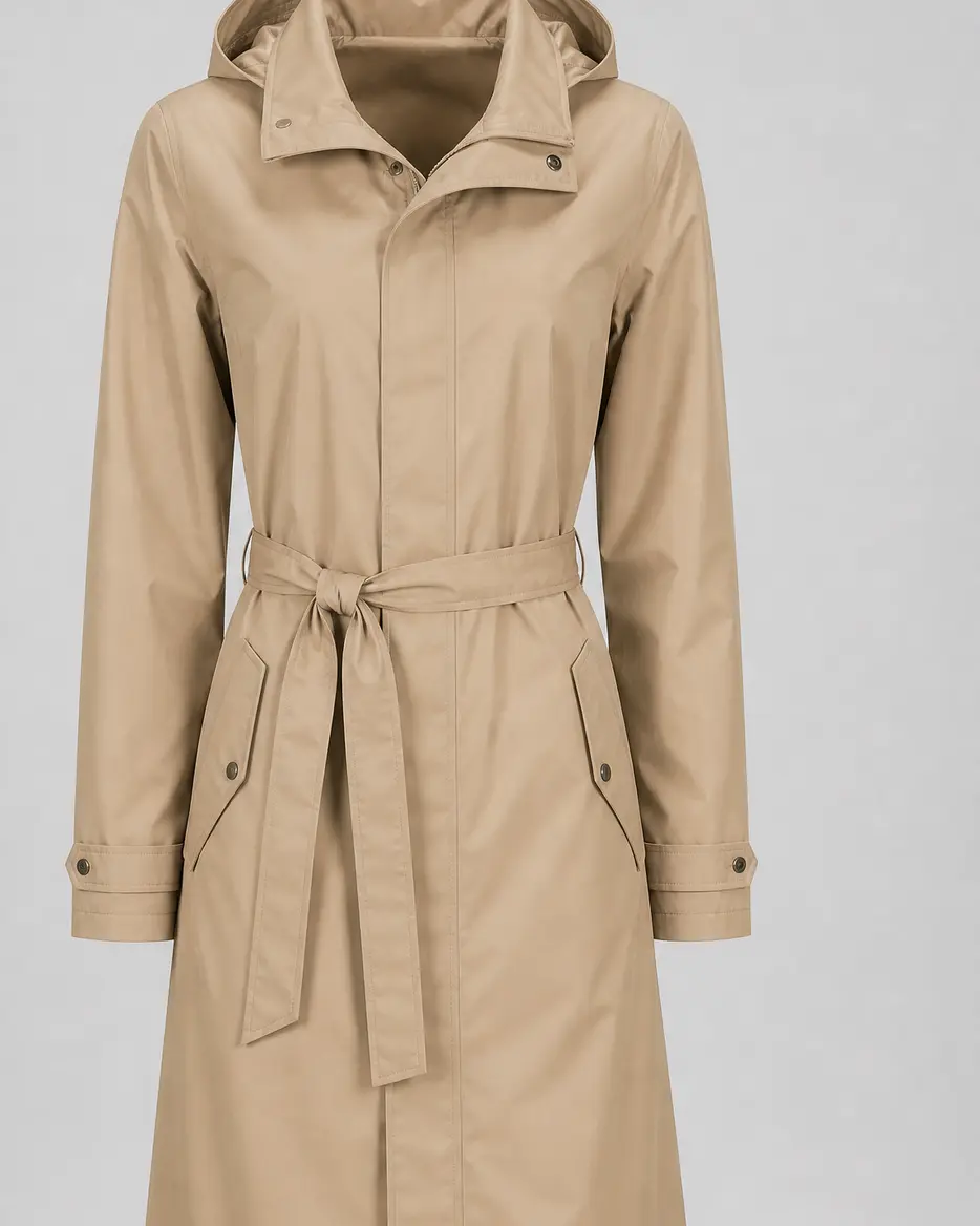 Gabardina impermeable larga Gállego en color beige arena, fotografiada sin modelo sobre fondo gris