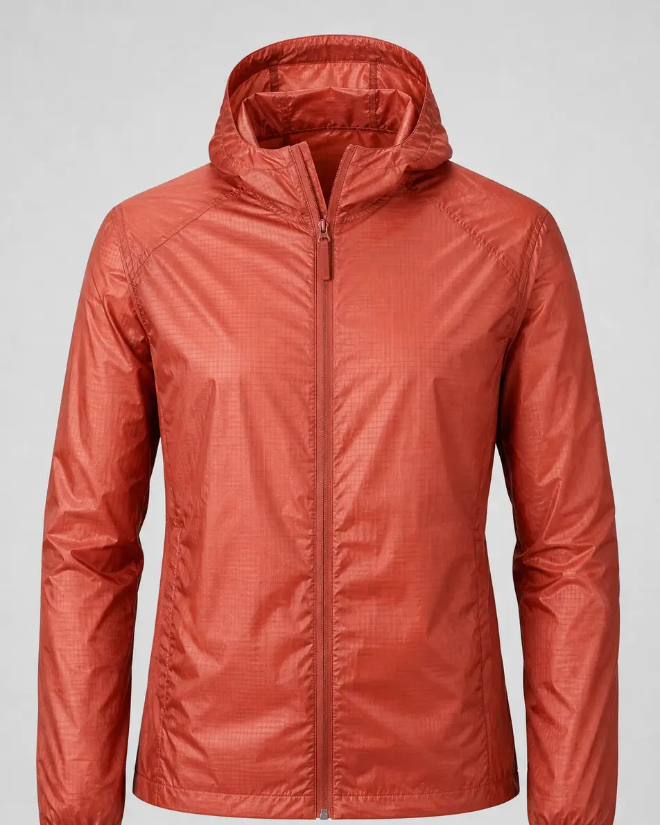 Silueta de la chaqueta softshell Aragón mostrada en rojo teja, sin modelo sobre fondo gris