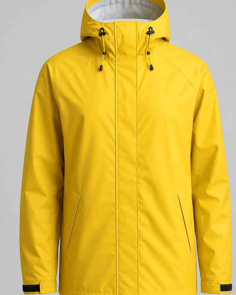 Chubasquero Cierzo en amarillo azufre, del mismo tejido y color que el gorro de lluvia con visera