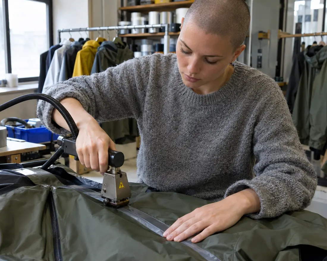 Elena Royo sella con cinta termoadhesiva y rodillo de aire caliente la costura de una chaqueta verde en el taller
